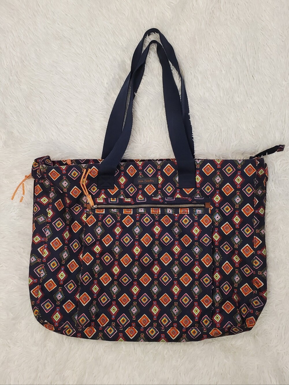Vera Bradley Navy Expandable Tote with Orange, Pink, Cream & Gold Diamond Print